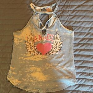 No Boundaries Light Blue Halter Tank with Pink Heart & Wings Graphic